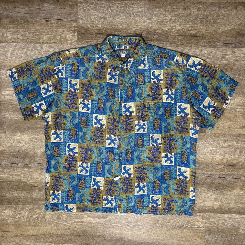 Vintage Kahala Hawaiian Shirt Men's XL Blue Floral Made In USA Rayon Camp Hawaii